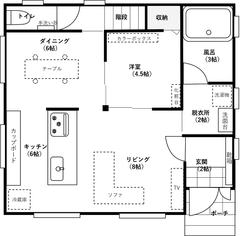 富士住建で建てた家事動線が良い注文住宅の間取りの１階図面