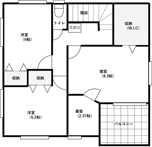 富士住建で建てた家事動線が良い注文住宅の間取りの２階図面