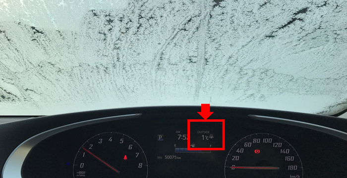 凍結した車の窓ガラスと、車の温度計（１℃と表示されている）