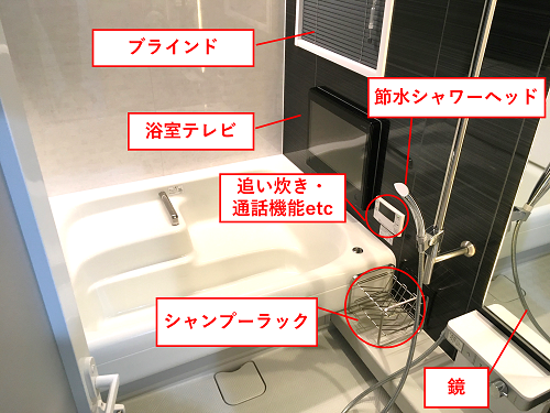 富士住建の注文住宅の風呂場のブラインド、浴室テレビ、節水シャワーヘッド、追い炊き・通話機能、シャンプーラック、鏡