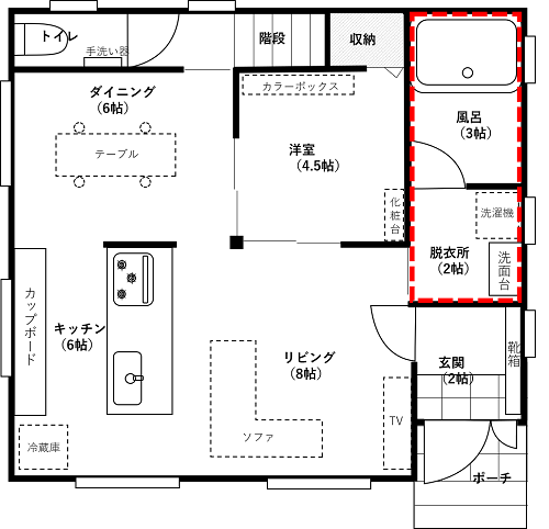 富士住建で建てた注文住宅の間取り上の洗面脱衣所と風呂の位置図