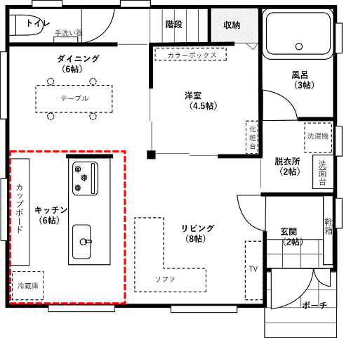 富士住建で建てた戸建ての一階の間取り図（キッチンが赤枠で強調表示されている）