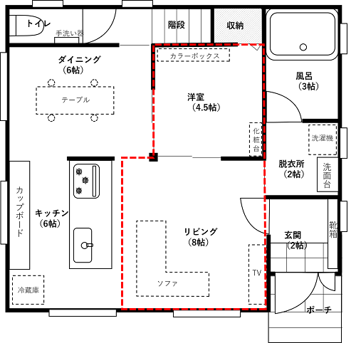 富士住建で建てた注文住宅の間取りのリビングと続きの洋室部分が赤枠で囲まれた図