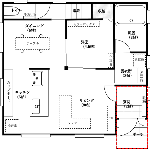 富士住建で建てた注文住宅の間取りの玄関部分が赤枠で囲まれた図