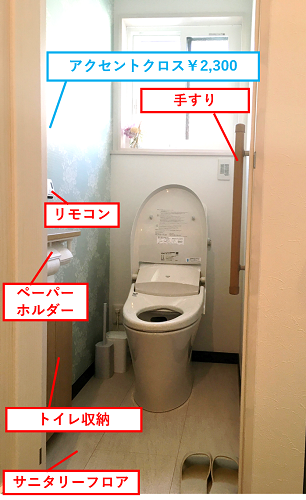 富士住建の注文住宅のトイレのアクセントクロス、手すり、リモコン、ペーパーホルダー、収納