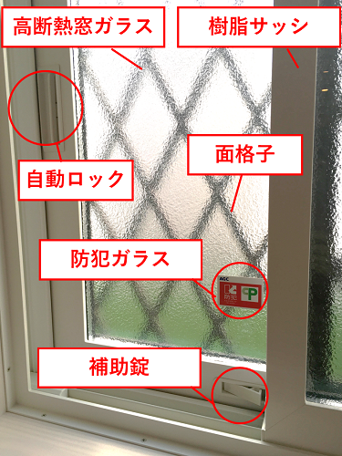 富士住建の窓の高断熱窓ガラス、樹脂サッシ、自動ロック、面格子、防犯ガラス、補助錠